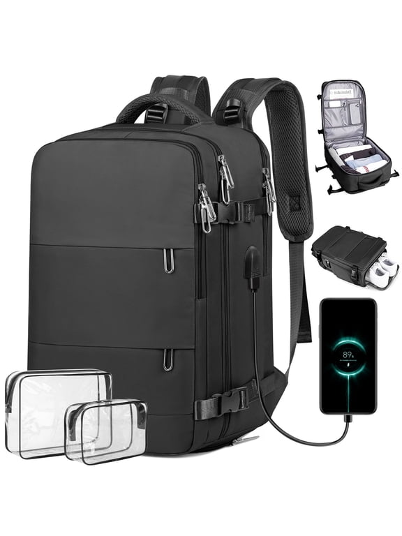 35L Travel Backpack for Women & Men, Carry On Backpack with USB Charging Port & Shoe Pouch, Expandable Flight Approved Backpack, Waterproof Travel Essentials for Weekender Business Hiking,Black