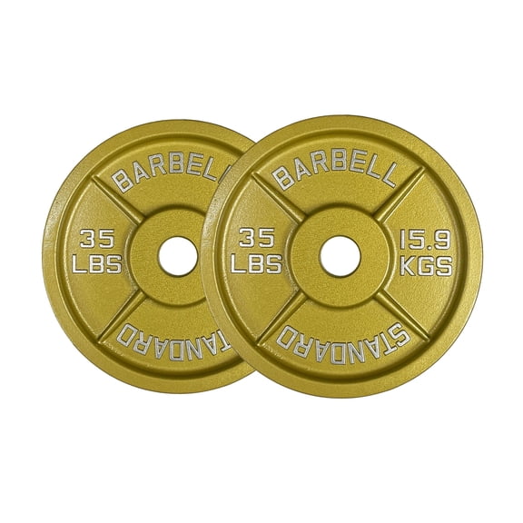 35LB Gold Olympic Steel Plate Pair - 2 Inch Barbell Standard 35 Pound Weights in Premium Gold Finish