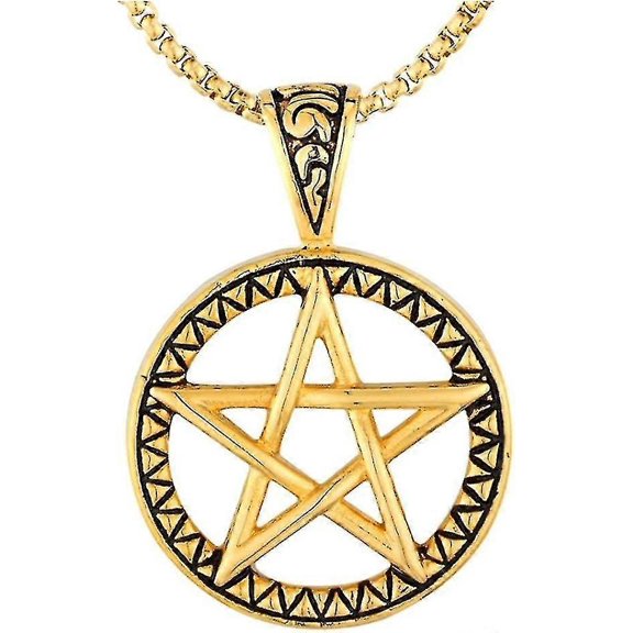 35MM Vintage Stainless Steel Pentacle Pentagram Pendant Mens Witch Protection Star Amulet Necklace 24 Inch Chain