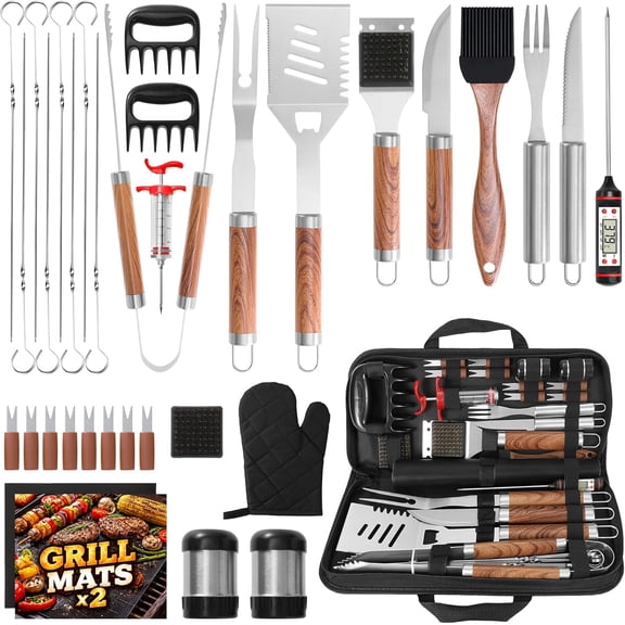 35PC BBQ Grill Tools Set Heavy Duty Stainless Steel Grill Accessories Kit with Case, Meat Thermometer, Injector, Claws & Mats for Dad, Men