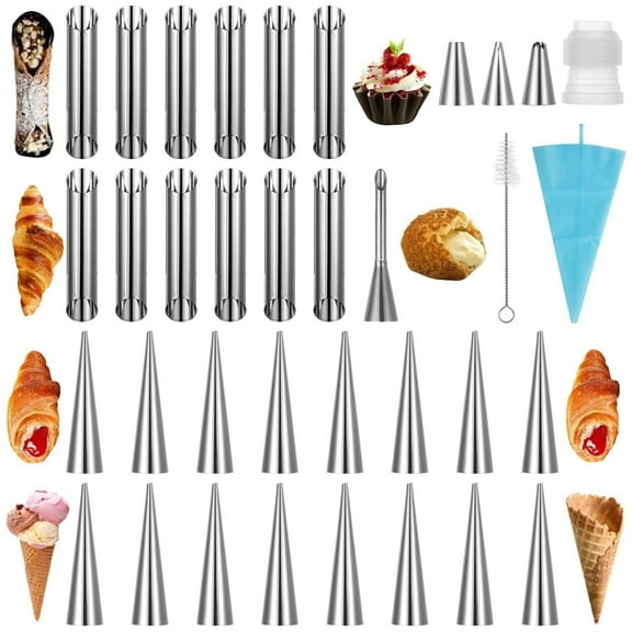 35PCS Cream Horn Molds, Cannoli Forms Tubes Kits, Stainless Steel Cone Shaped and Tubular Shaped Baking Molds for Pastry Cream Roll Croissant
