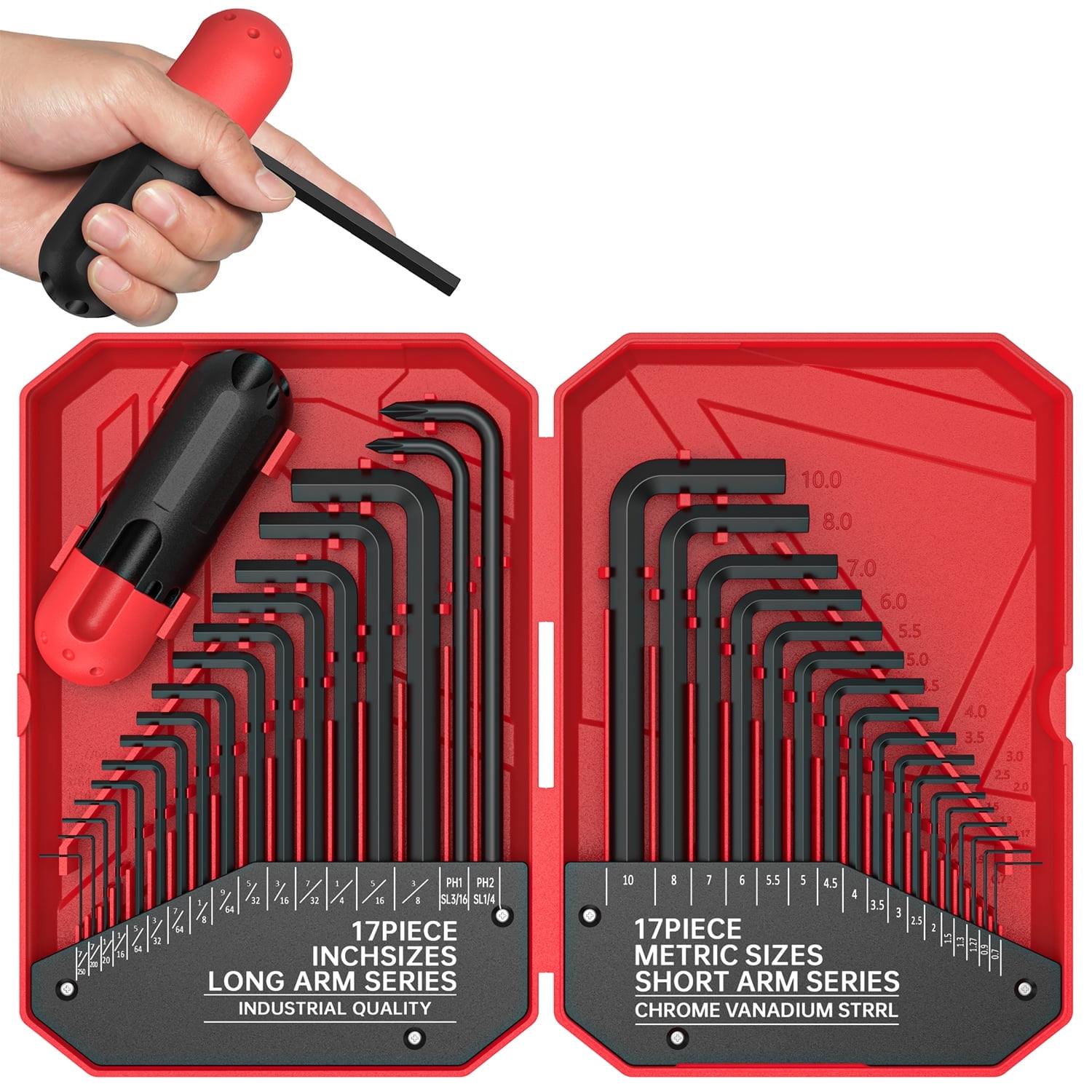35PCS Hex Key Set with Torque Handle, Allen Wrench Sets , SAE and Metric Assortment, L Shape, Chrome Vanadium Steel, Precise Chamfered Tips, 0.028-3/8" 0.7-10 mm In Storage Case,Red