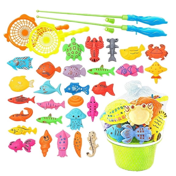 35PCS Kids Catching Fishing Toy Adsorption Water Play Game 30 Plastic Floating Fish 2 Sized Rods 2 Hand Nets with Storage Bucket Mesh Bag