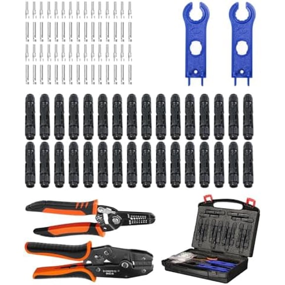 35PCS Solar Crimper Tool Kit, Solar Panel Cable MC4 Connectors 14-10AWG, 30 Pairs Male/Female Solar Connectors, 1PCS Solar Crimper, 1PCS Stripper, 2 PCS Spanner Wrench$$Garden & Patio