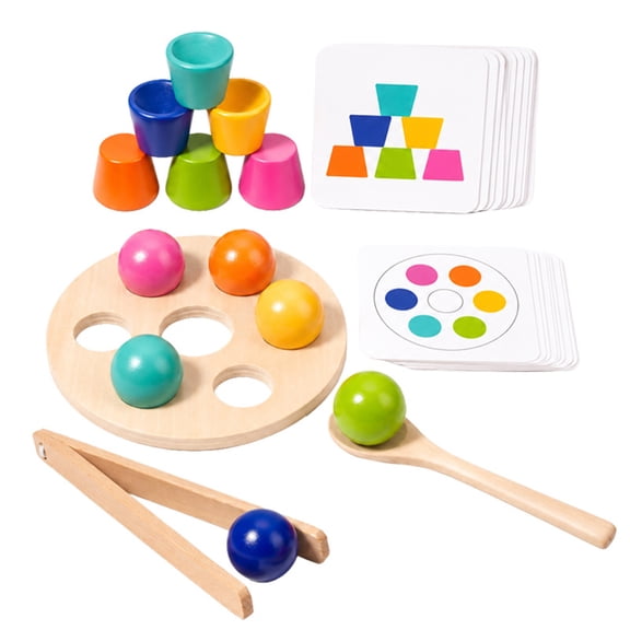 35PCS Wooden Color Sorting Matching and Stacking Cups Game with Spoon & Tongs, Fine Motor Educational Toy for Age 3+