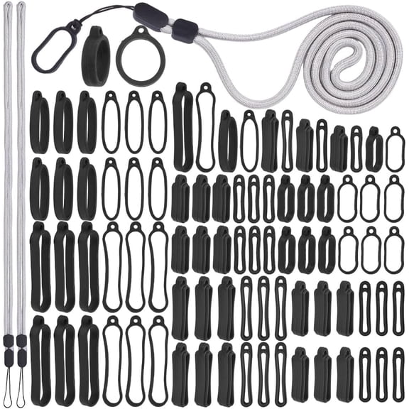 35Pcs 6 Sizes Anti-Lost Lanyard Set with 30Pcs 19/24/25/27/40/58mm Silicone Rubber Rings 5Pcs Adjustable Lanyards Strap Replacement Keychain Black 1set