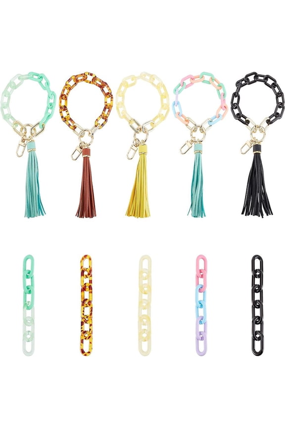 35Pcs Acrylic Chain Link Wristlet Keychain Kit 5 Colors Tassel Pendant Keychain and 8 Colors Acrylic Chain Link Rings Acrylic Link Connectors