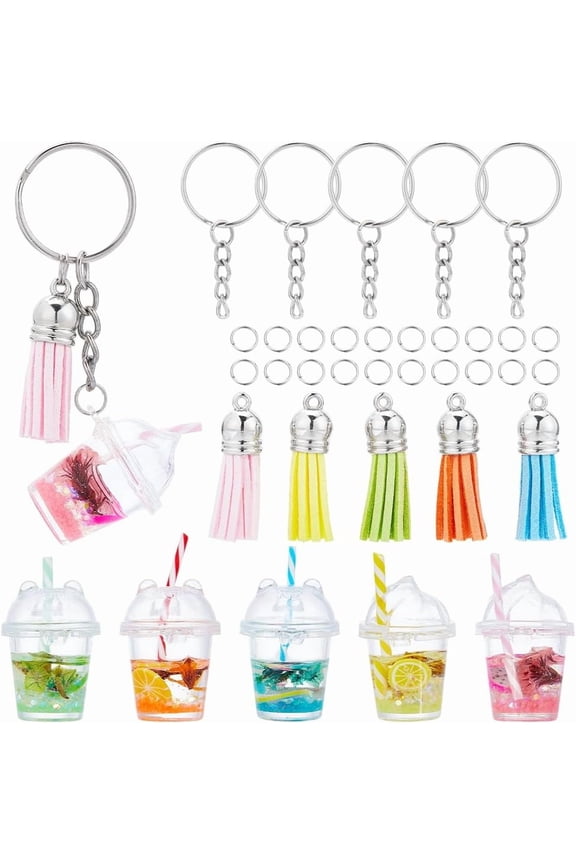 35Pcs DIY 5 Sets Tea Keychain Kit Tea Charms Tea Key Chains Mini Milk Cup Keychain Fruit Tea Keychain Set Mini Cup Charms for DIY