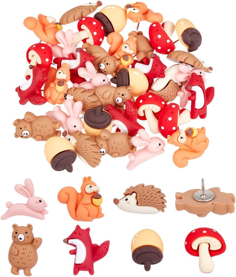 35Pcs for DIYest Animals Push Pins Resin Squirrel Fox Owl Mushroom Push ...