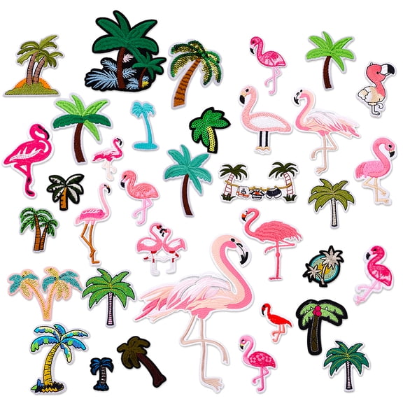 35Pcs Embroidered Patches Coconut Trees Flamingo Sew on/Iron on Embroidered Applique Repair Patches Hawaiian Theme DIY