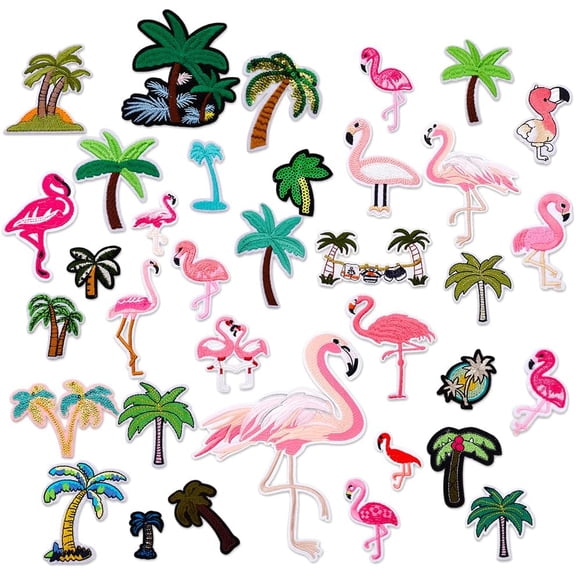 35Pcs Embroidered Patches Coconut Trees Flamingo Sew on/Iron on Embroidered Applique Repair Patches Hawaiian Theme