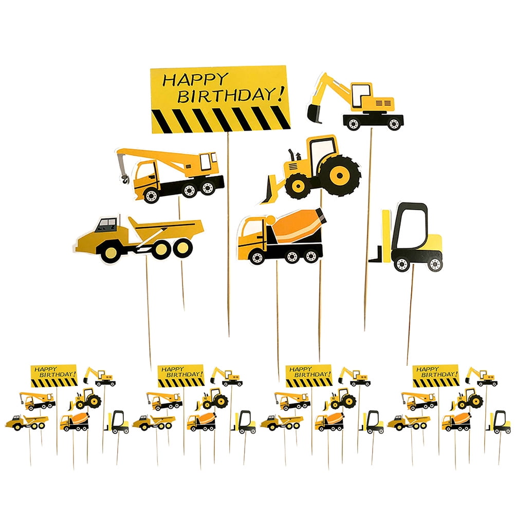 HOMEMAXS Construction Cupcake Toppers with Wood Sticks and Paper Flags for Cake Decorations Assorted Colors 35 Pieces