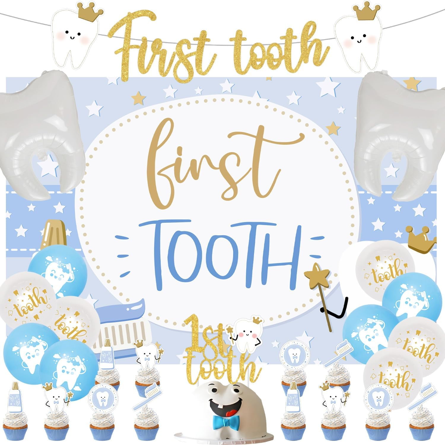 35Pcs First Tooth Themed Party Decorations Blue 1st Baby Tooth