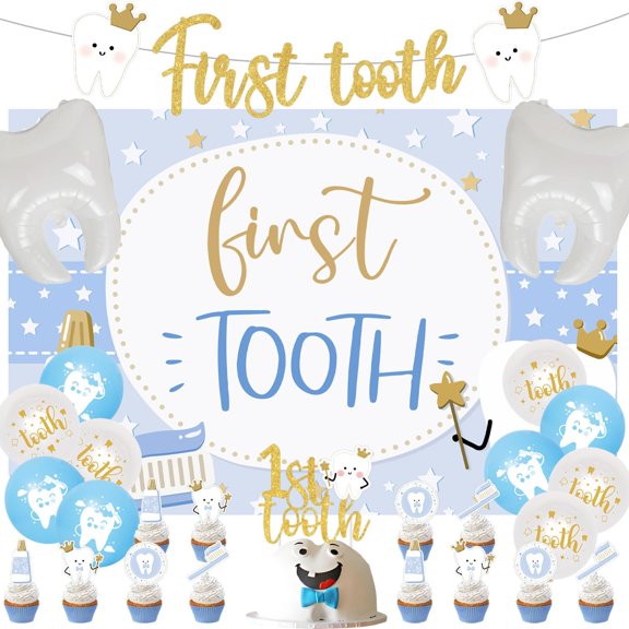 35Pcs First Tooth Themed Party Decorations Blue 1st Baby Tooth Photography Backdrop Gold Glitter First Tooth Banner Tooth Foil Balloon Cake Toppers for Boys Dentist Teeth Themed Dental Party Supplies