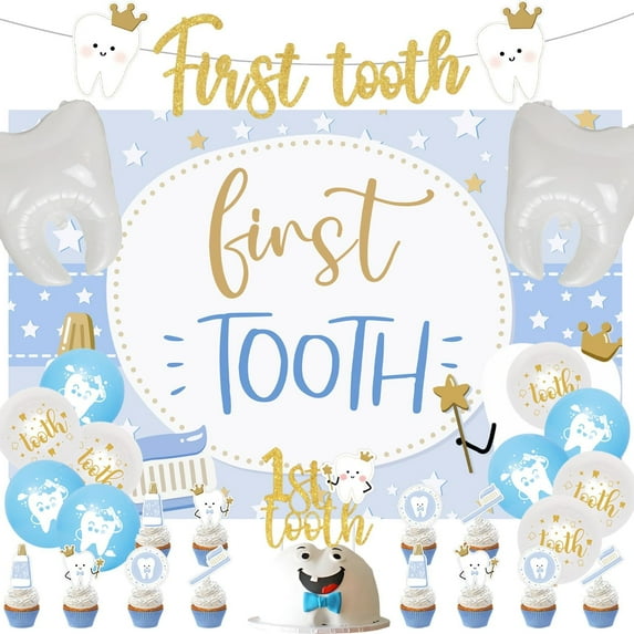 35Pcs First Tooth Themed Party Decorations Blue 1st Baby Tooth Photography Backdrop Gold Glitter First Tooth Banner Tooth Foil Balloon Cake Toppers for Boys Dentist Teeth Themed Dental Party Supplies