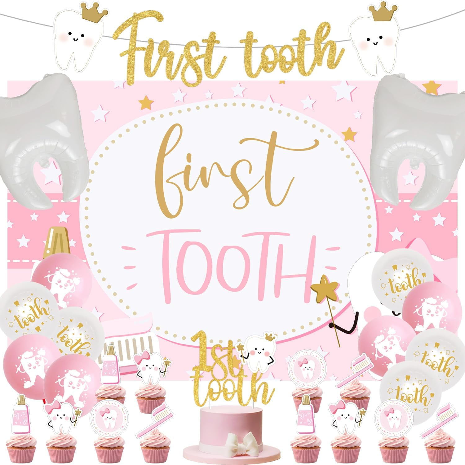 35Pcs First Tooth Themed Party Decorations Pink 1st Baby Tooth Photography Backdrop Gold Glitter