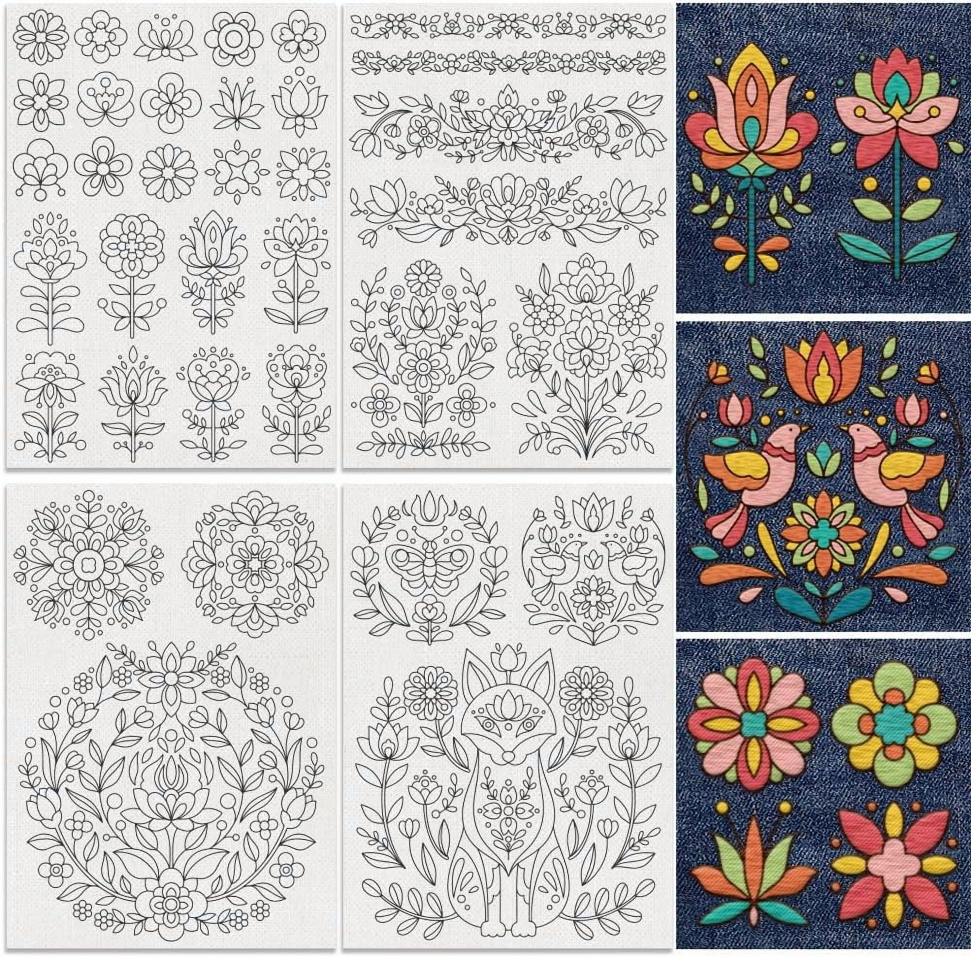 DOODLREAM 35 Stabilizzatori Solubili In Acqua Per Ricamo | Fogli Con Stampa Floreale Folk Art 21x29,7 Cm | Kit Carta Da Ricamo Fai Da Te