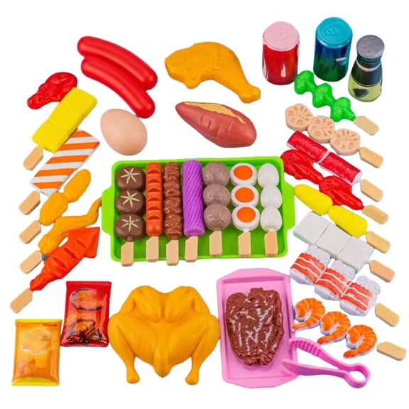 35Pcs Outdoor BBQ Play Set Pretend Cooking Kitchen Grilling Set with Skewers Tongs and Simulated Food Accessories for Backyard Picnic Games