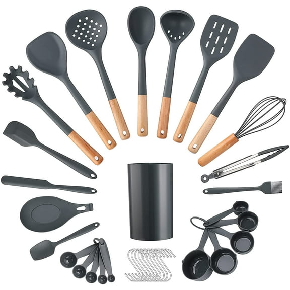 35Pcs Puricon Chef Kitchen Cooking Utensils Set, Non-Stick Silicone Cooking Kitchen Utensils Spatula Set with Holder, Wooden Handle Silicone Kitchen Gadgets Utensil Set -Grey