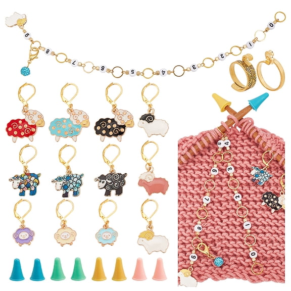35Pcs Sheep DIY Knitting Tool Sets including Locking Stitch Markers Counter Chains Knitting Needle Stoppers & Yarn Guide Finger Holder Mixed Color