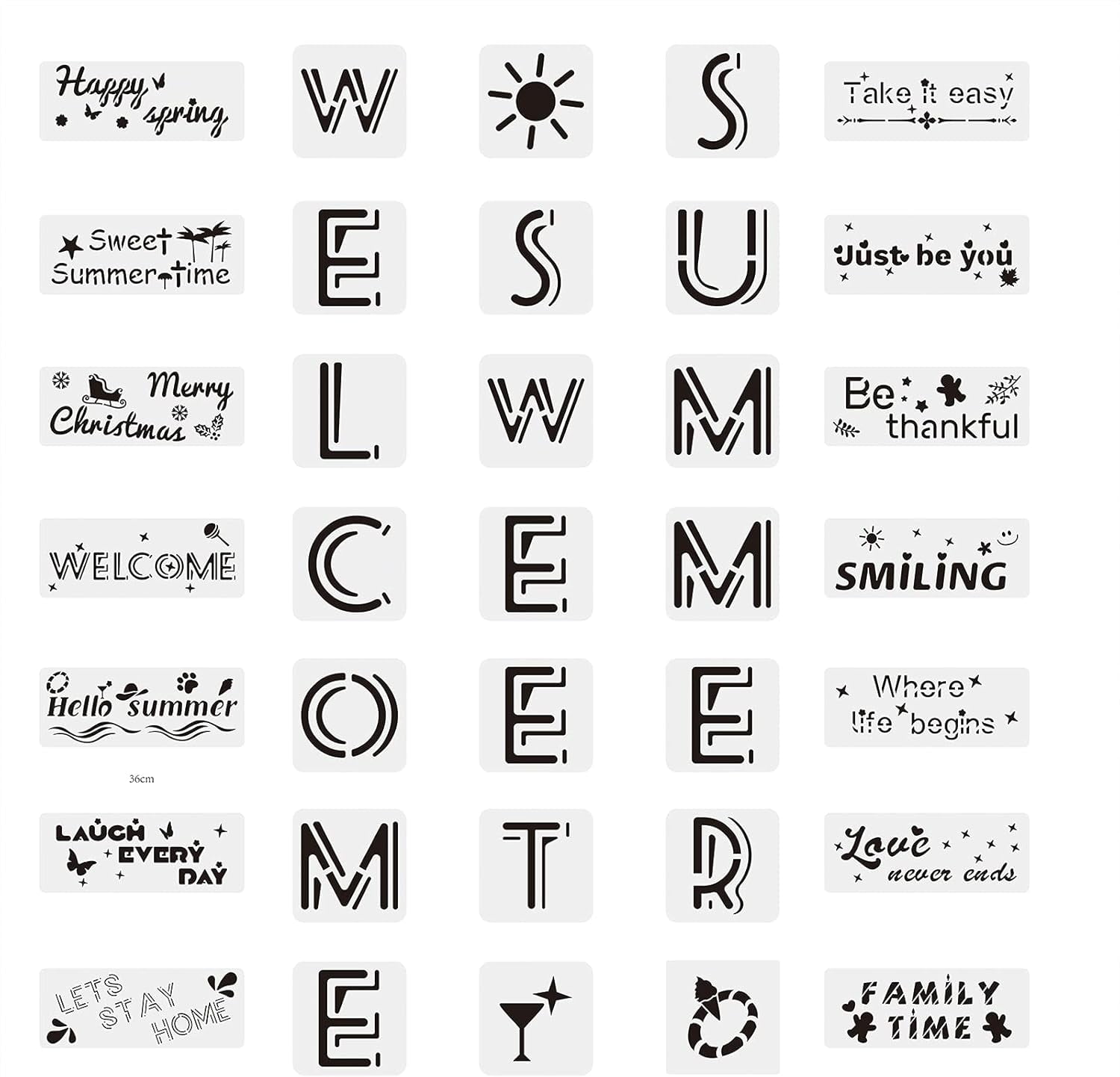 35Pcs Welcome Sweet Summer Slogans Pattern Stencils for Painting Inspirational Word Stencils Reusable Letter for Painting on Wood Scrabooking Cardmaking Mixed Color