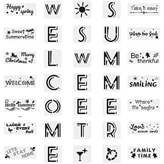 1Set 35Pcs Welcome Sweet Summer Slogans Pattern Stencils for Painting Inspirational Word Stencils Reusable Letter Stencils Template Seasonal Stencils
