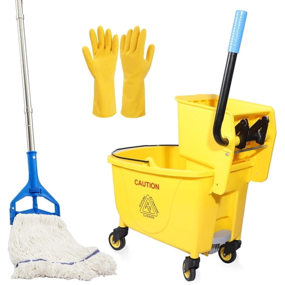 35QT Side-Press Mop Bucket and Wringer Combo Wheels, Yellow,Including One Heavy Duty Industrial Mop and One Set Large Rubber Cleaning Gloves