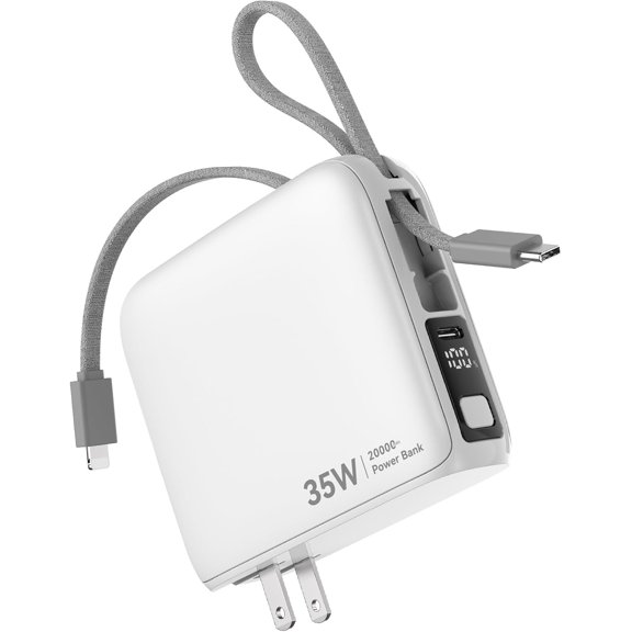 35W, 20000mAh Portable Charger with Wall Plug Phone Charger Battery Pack Portable Cell Phone Power Bank with Built in Cable Power Bank USB C, White