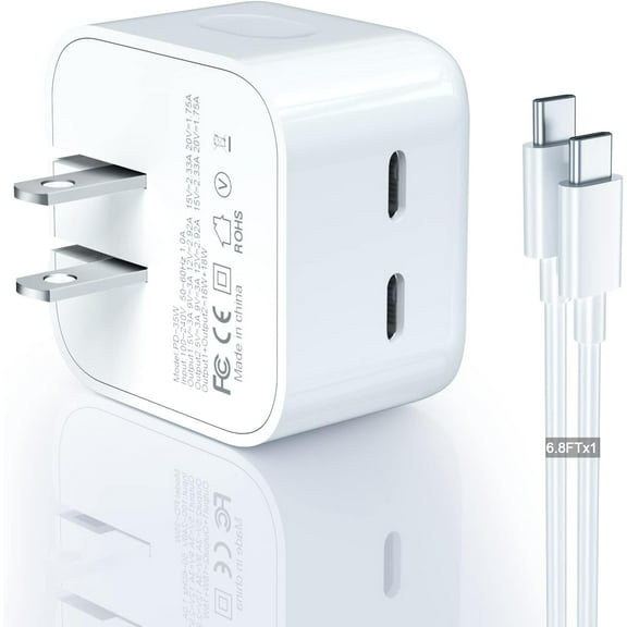 35W PD Foldable Dual USB-Type-C Port Compact Input Home / Travel Power Adapter Plug Wall Charger with 6FT Charging Port USB-C to Type-C Cord Charger Cable White For Samsung Galaxy S23+