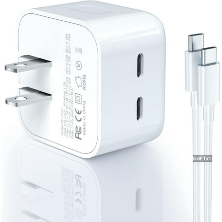 35W PD Foldable Dual USB-Type-C Port Compact Input Home / Travel Power Adapter Plug Wall Charger with 6FT Charging Port USB-C to Type-C Cord Charger Cable White For Motorola Moto E13