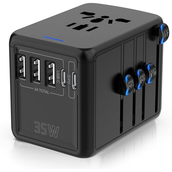 35W PD Universal , Fast Charging International Power Plug Adapter with 3*USB-A & 2*USB-C Ports and Multi AC Sockets, All-in-one Travel Outlet Conversion Plugs for 200+ Countries