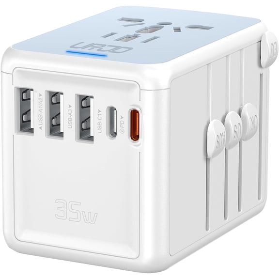 35W PD Universal Travel Adapter with 5 USB Ports and 2500W AC Outlets, PD Fast Charging International Plug Converter Travel Charger Multi Plugs All in One for EU US UK AUS 200+ Countries