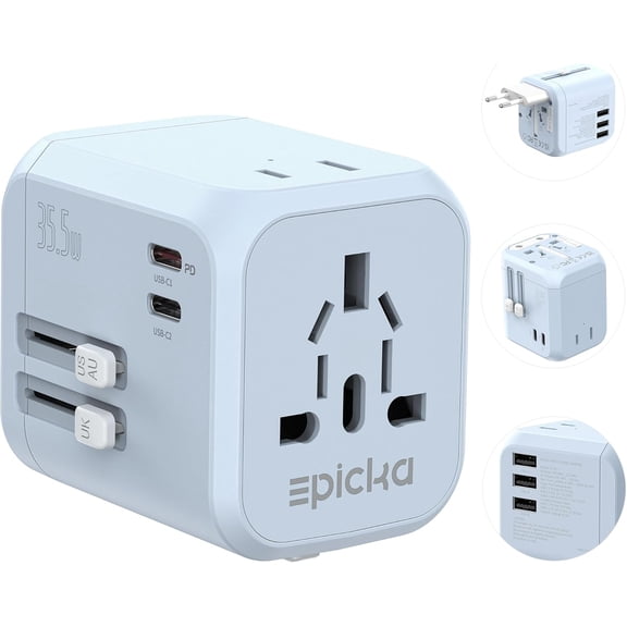 35W Universal Travel Adapter with 2 AC Outlet, European Travel Plug Adapter with PD Fast Charging, 6-Port (2 AC/2 USB-C/3 USB-A) International Power Adapter - Travel Essentials (TA-205, Blue)
