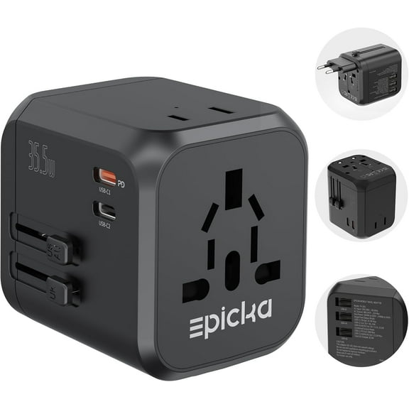 35W Universal Travel Adapter with 2 AC Outlet, European Travel Plug Adapter with PD Fast Charging, 6-Port (2 AC/2 USB-C/3 USB-A) International Power Adapter - Travel Essentials (TA-205, Black)