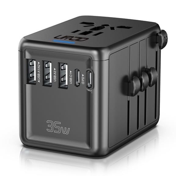 URJD 35W Universal Travel Adapter with 2 USB-C & 3 USB-A Ports, International Power Adapter for 200+ Countries, All-in-One Travel Plug with AC Outlet (Max 2500W), Black