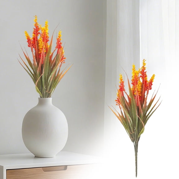 35cm Artificial Lavender & Monkey Grass Bouquet - Orange Faux Grass with Flowers, UV Resistant Fake Plants for Outdoor Planters, Garden, Patio & Indoor Home Decor