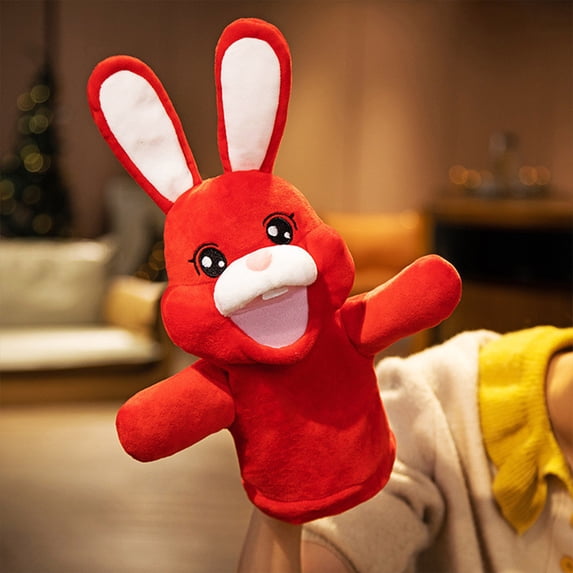 35cm Cute Bunny Hand Puppet with Active Mouth, Ventriloquist Plush Toy for Kids, Kindergarten Performance Prop & Easter Gift,Red