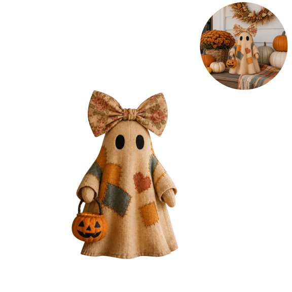 35cm LED Lighted Patchwork Ghost Statue Battery Operated Halloween Pumpkin Ghost Decor