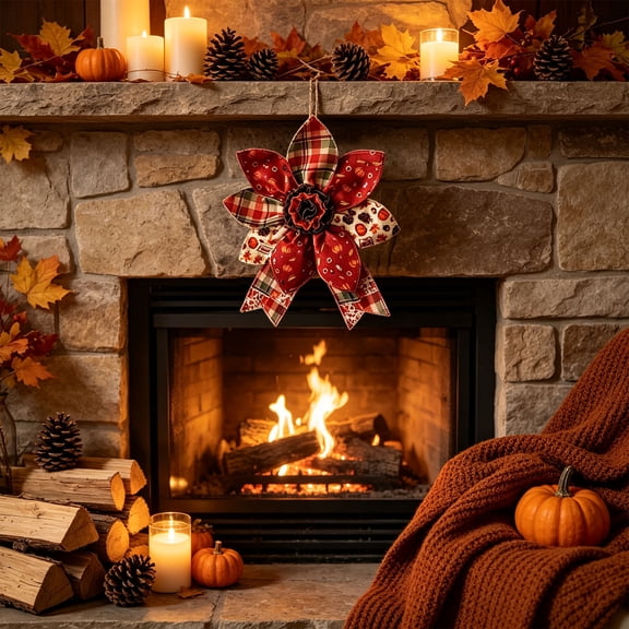 35cm Orange Fabric Thanksgiving Bow Wreath, Lightweight Non Scratch Full Layered Front Door Swag, Dust Resistant Easy Clean Reusable Fall Decor, for Fireplace Window Shop Home Arrangement