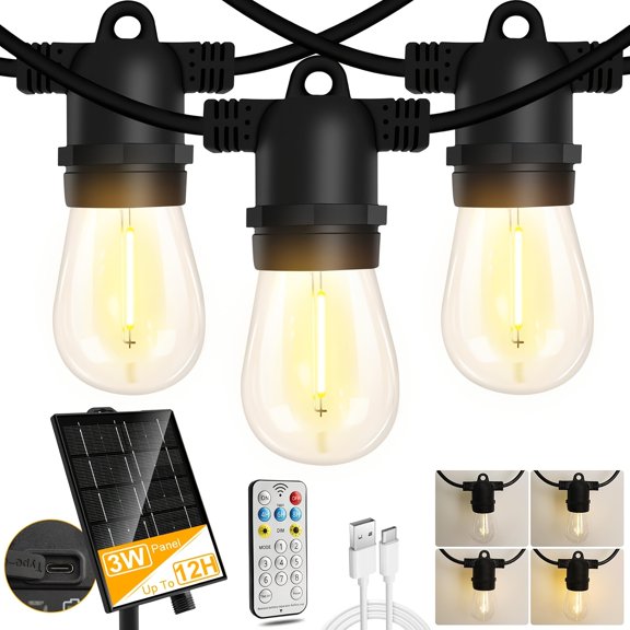 35ft Solar String Lights Outdoor Waterproof 18 Sockets S14 LED Bulbs Remote Controlled Timer Dimmable 8 Modes USB Port Solar Lights for Outside, Outdoor Lights for Patio, Yard, Balcony, Camping