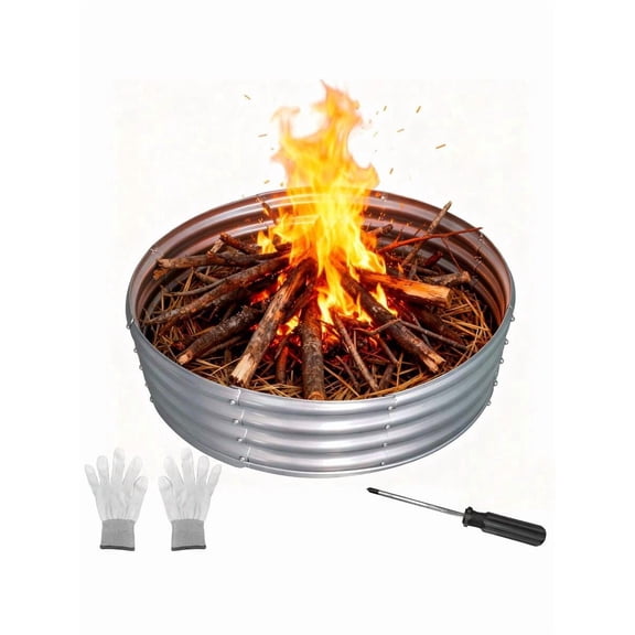 35in Camp Fire Ring Pit, 3FT Diameter Large Round Galvanized Steel Fire Pit, Heavy Duty Steel Fire Pit Silver, For Backyard, Camping, Bonfire