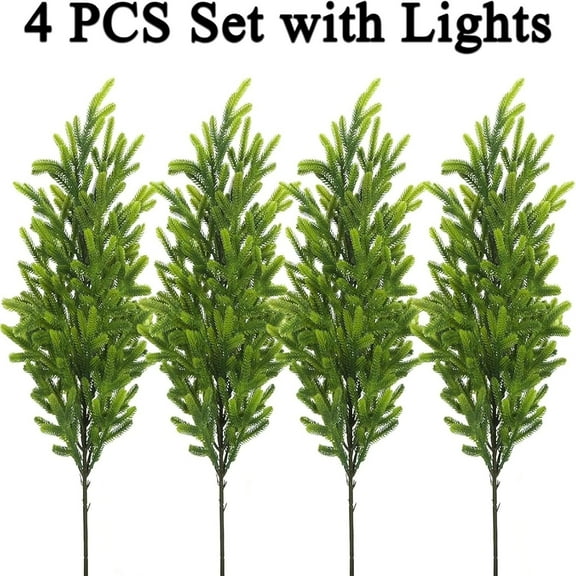 35in Christmas Lighted Norfolk Pine Branches 4pcs Set, Pre Lit Pine Stems Lights for Holiday Decor