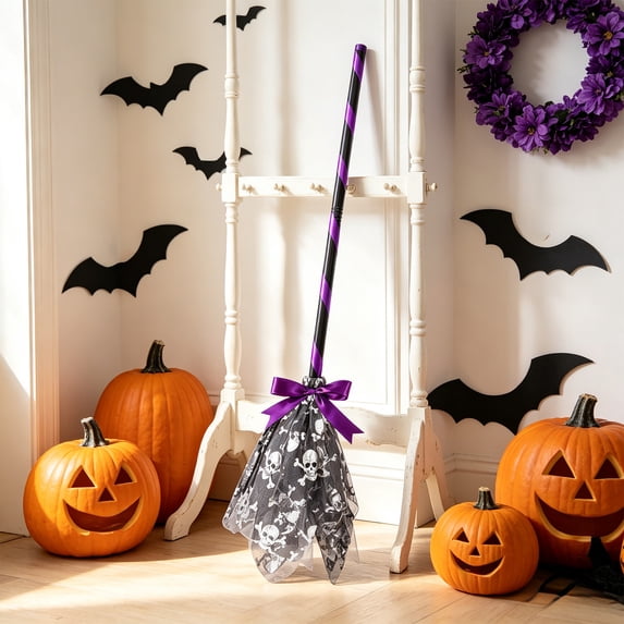 35in Halloween Witch Brooms Decoration Mesh Magics Flying Broomstick Prop for Party Costumes Spooky House Wall Hanging Decor with Ribbon Large Scale Witch Broom Prop for Front Porch Display