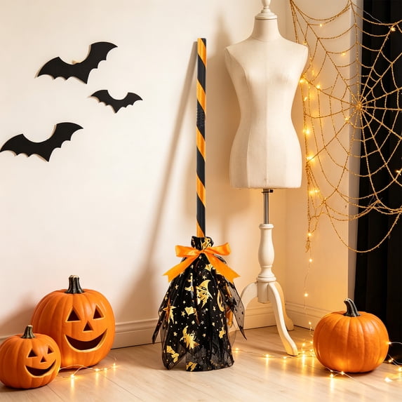 35in Halloween Witch Brooms Decoration Mesh Magics Flying Broomstick Prop for Party Costumes Spooky House Wall Hanging Decor with Ribbon Large Scale Witch Broom Prop for Front Porch Display