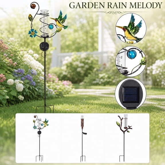35in Hummingbird Rain Gauge with 5 Inch Glass Tube, Solar Rain Gauge with LED Lights Rain Water Gauge Decor for Patio, Garden Yard, Measuring Precipitation