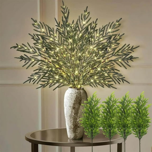 35inch 4pcs Lighted Norfolk Pine Branches - Festive Stems with String Lights, Requires 3 AA Batteries (Not Included), Christmas Tree & Home Decor, Durable Material, Enhances Greenery Vibe, Multicolor