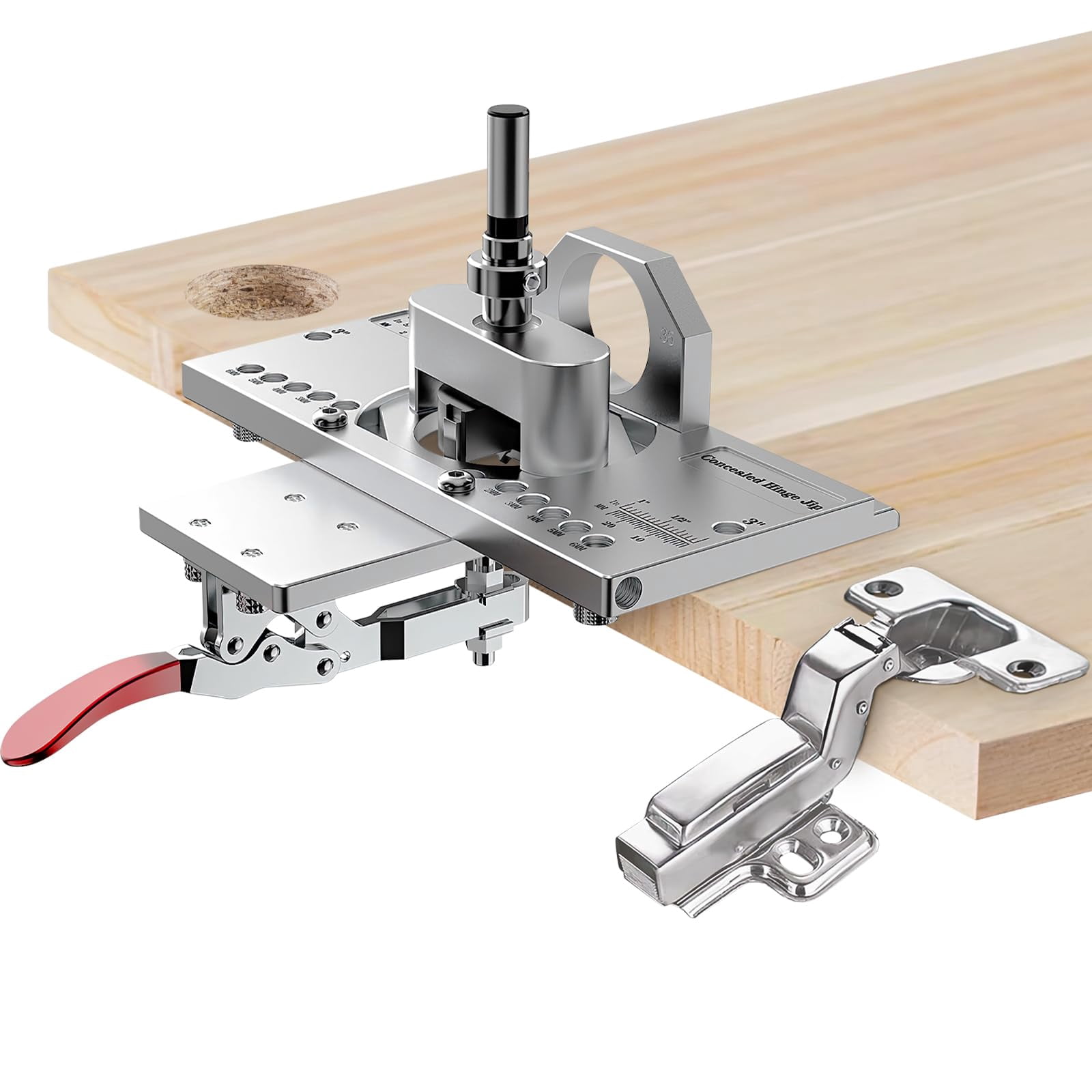 35mm Concealed Door Hinge Jig  Cabinet Hole Drilling With Quick Clamp & Dust Vacuum Adapter - Precision Metal Woodworking Mounting Tool For Installation