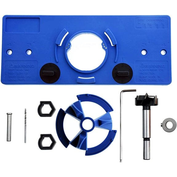 35mm Hinge Hole Jig Drill Guide Set,Boring Hole Drill Guide Cutter Bit Set Door Boring Hole Template and Bit for Cabinet Door Installation.(Blue)