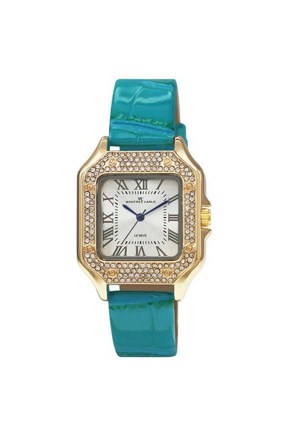 35mm Montres Carlo Women Simulate Diamond Dial Dress Wrist Fashion Luxury Watch (Gold/Teal)