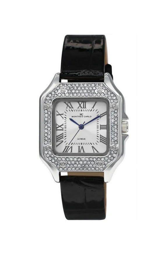 35mm Montres Carlo Women Simulate Diamond Dial Dress Wrist Fashion Luxury Watch (Silver/Black)